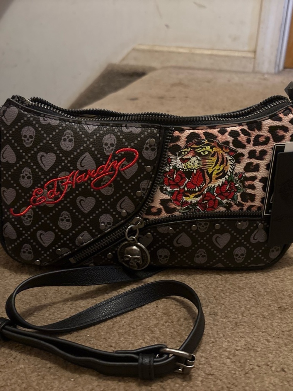 Ed Hardy Black with Pink Leopard & Red Tiger Patch Crossbody Bag